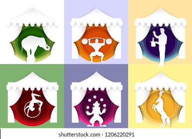 Circus poster, banner, logo, card template set. Vector paper cut bodybuilder with barbell, magician performing trick, clown juggling balls, aerial acrobatic and circus animal show.