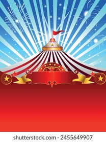 Circus poster bright colorful circus tent dome flag and place for advertising in the background rays of spotlights and fireworks Vector