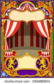 Afiche del circo o tema de la carta. Marco vintage con tienda de circo para la invitación o publicación de cumpleaños de los niños. Ilustración vectorial de plantilla de calidad.