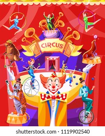 Circus poster with a conference. Illustration with the image of the arena of the circus, clowns, jugglers, acrobats and animals on a background of red wings. Vector illustration