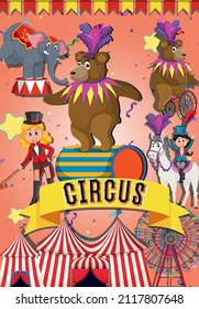 Circus poster design with bears animal performance on stage illustration