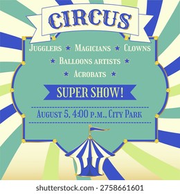 Circus poster with gold gradient, circus tent and stars, vintage style