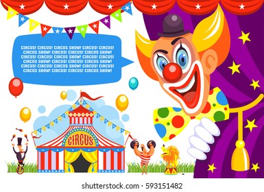 Circus poster. Happy clown invites you to a circus show. Vector illustration.