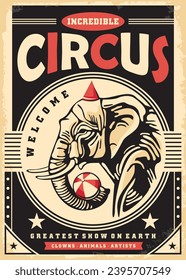 Circus poster idea showing elephant with ball and funny hat. Black and red colored vector flyer design for circus show. Retro poster illustration.