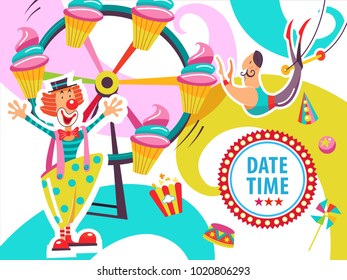 Circus. The circus poster, invitation, flyer. Vector illustration. Circus performance. Amusement park. Carousel cakes. Happy clown invites you to the circus. The courageous air acrobat on a trapeze.