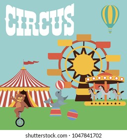Circus poster. Invitation to the circus. Vector illustration.