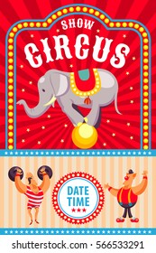 Afiche del circo. Invitación al circo. Ilustración vectorial. elefante circo, hombre fuerte del circo, payaso. Un espectáculo divertido.