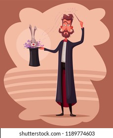 Circus poster with magician. Man holding a hat with rabbit. Cartoon vector illustration. Magic show. Illusionist make a trick