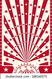 A circus poster with red sunbeams