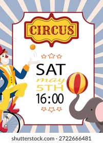 Plantilla del cartel del circo con el payaso que hace malabares en el monociclo, elefante, sábado 5 de mayo 16:00 showtime, ráfagas de la estrella, marco del rayo, diseño vibrante del volante del acontecimiento para el festival del carnaval