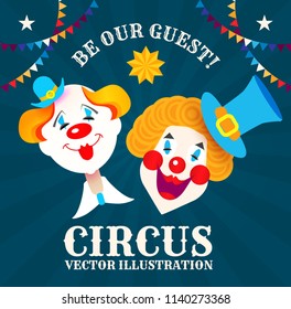 Circus Poster Template with Smiling Clowns and Flag Garlands. Vector illustration