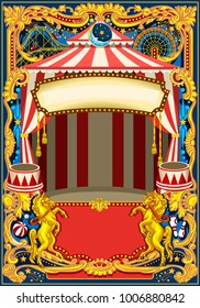 Circus poster theme. Vintage frame with circus tent for kids birthday party invitation or post. Quality template vector illustration.