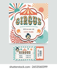  Cartaz de Circo e Ticket em estilo vintage com redemoinhos coloridos, grande tenda superior, palhaços, elefantes e tipografia arrojada. Ideal para promoções com temas de carnaval ou fúnebre. Ilustração vetorial.