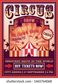 Circus poster. Traveling circus with tent carnival festival magic show banner, retro invitation party flyer vector vintage invite background design