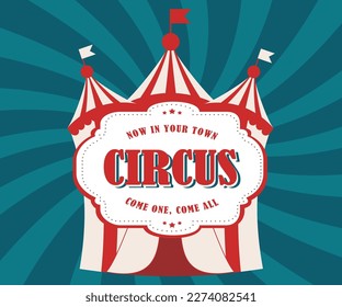 Circus poster. World Circus Day. Image of a vintage circus tent with a large inscription Circus on a dark blue background with diverging rays. Vector Illustration EPS10