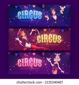 Circus posters with magician, aerial gymnast and woman assistant. Vector invitation banners to carnival show with cartoon illustration of girl acrobat in hoop and illusionist with magic wand and dove