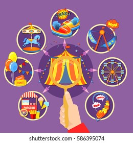 Circus potential layout with food and attractions isolated vector illustration