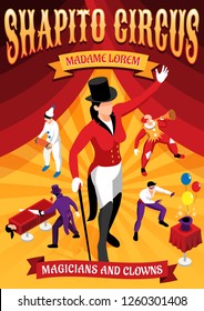 Circus professions isometric concept banner with magicians and clowns during performance on red yellow background vector illustration