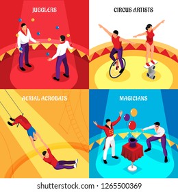 Circus professions jugglers cirque artists air acrobats and magicians isometric design concept isolated vector illustration