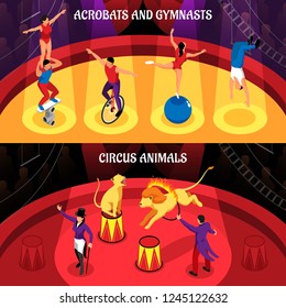 Circus professions set of horizontal isometric banners trained animals acrobats and gymnasts isolated vector illustration