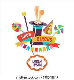 Circus. Rabbit in the hat. Vector illustration. The poster of the circus. Composition of cliparts. With place for text. Isolated on a white background.