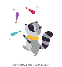 Circus Raccoon Animal with Striped Tail Juggling with Bowling Pins Performing Trick Vector Illustration