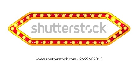Circus rectangle sign. Marquee carnival light frame and vegas casino glow. Retro bulb border in yellow style for concert stage or film festival. Red blank signboard isolated on background