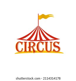  Circus red and white striped tent with a flag on top of the dome for carnival or entertainment design. Circus tent logo, icon. Vector illustration isolated on white background
