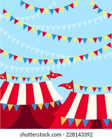 Circus red and white tents and colored pennants design vector illustration.