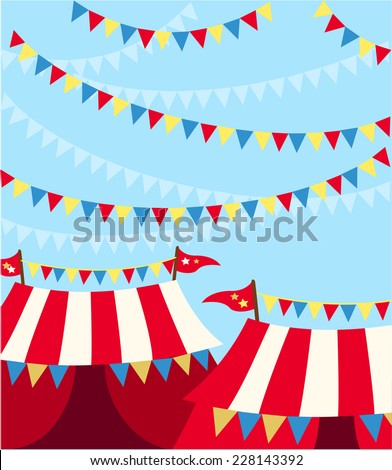 Circus red and white tents and colored pennants design vector illustration.