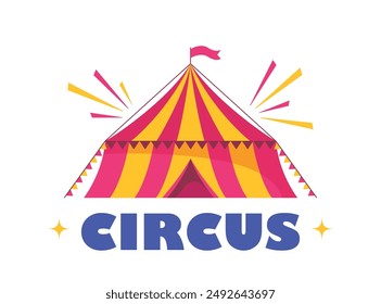 Circus red and yellow striped tent in retro style, with flag on the top. Vector illustration