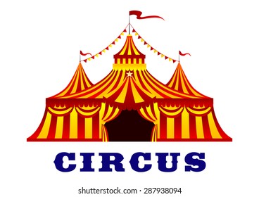 Circus red and yellow striped tent in retro style, with flags on the tops of the domes, isolated on white background for carnival or entertainment design