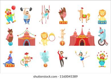 Circus Related Objects And Characters Set. Cute Cartoon Childish Style Illustrations Isolated