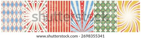 circus retro background set. vintage carnival template for poster with sunburst, swirl, stars and rhomb