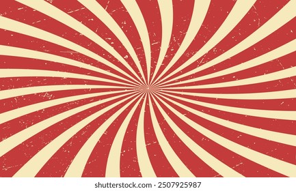 Circo retro de fondo de espiral de rayos rojos beige. Patrón radial de Antiguas con rayos de sol o tira de estallido estelar. Circo, carnaval, fondo de feria de verano. Ilustración vectorial.