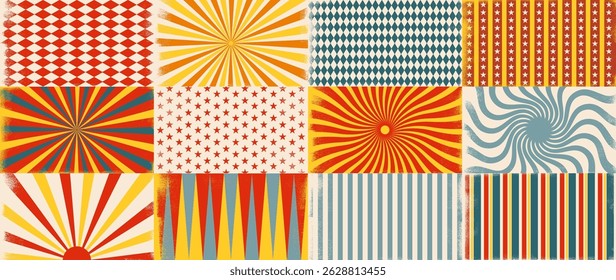 Circus retro background. Vintage fair carnival posters with radial sunshine ray burst and geometric shapes, retro circus spiral backdrop. Vector carnival wallpaper set.