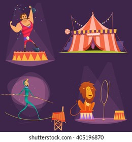 Circus retro cartoon icon set with lion tent actor gymnast vector illustration 