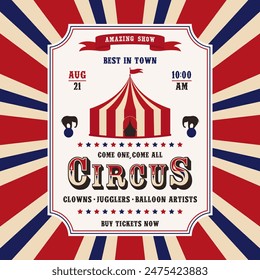 Circus retro invitation poster template with tent. Vector illustration