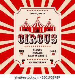 Plantilla retro del cartel de la invitación del circo con la tienda. Ilustración vectorial