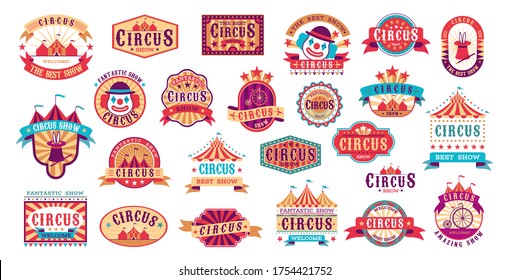 Circus Retro Labels. Vector Carnival Event Stickers For Invitation, Vintage Show Framing Shapes And Elements