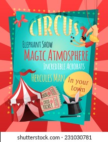 Circus Retro Poster With Elephant Show Magic Atmosphere Incredible Acrobats Hercules Man Vector Illustration