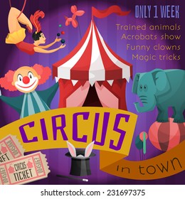 Circus retro poster with trained animals acrobats show funny clowns magic tricks vector illustration