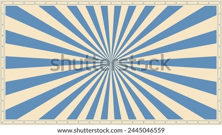 Circus retro sunburst background. Vector nostalgic carnival rays pattern with blue and white faded color vintage radiating beams emanating from a central point, evoking the nostalgic magic of old time
