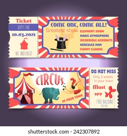 Circus retro tickets with animals acrobats magic hat isolated vector illustration