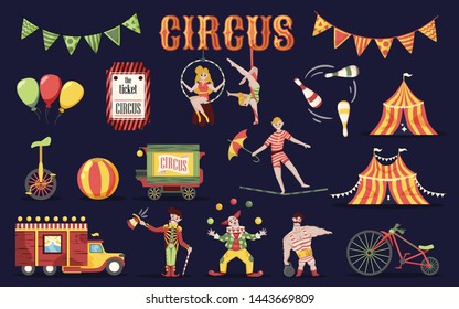 Circus retro vintage set of isolated doodle style images human characters of performers and professional equipment vector illustration