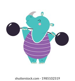 Circus Rhinoceros Animal Lifting Heavy Barbell Performing Trick Vector Illustration