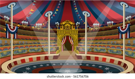Circus ring carnival tent big top acrobat trapeze marquee. Amusement family theme park circus banner poster invite set. Creative circus big top people design vector illustration collection