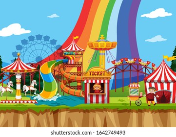 Circus scene with many rides in the field illustration