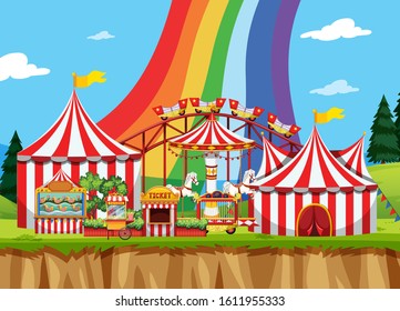 Circus scene with rainbow in the sky illustration