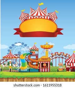 Circus scene with sign template in the sky illustration